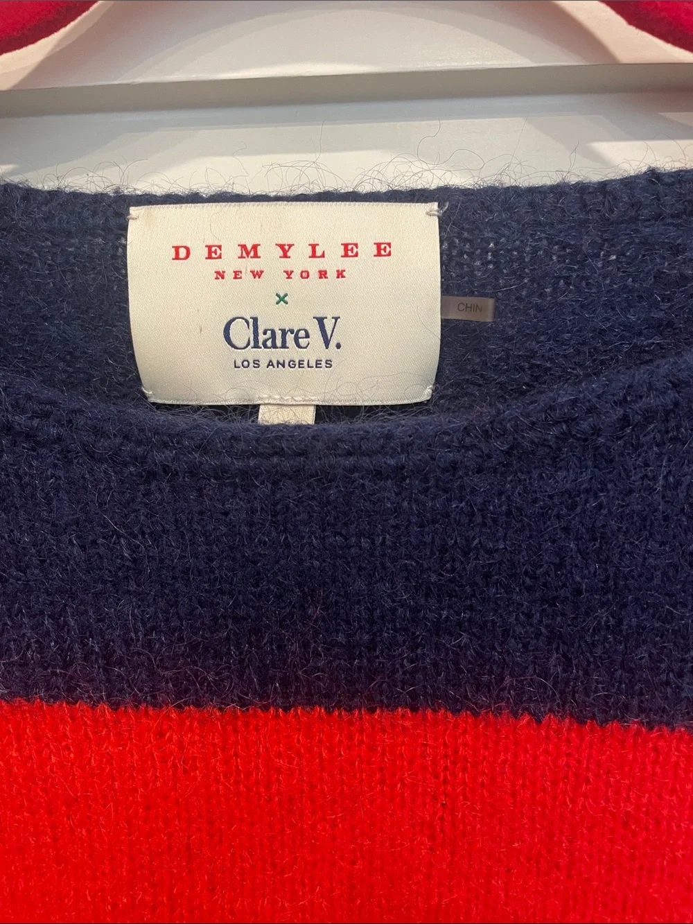 Clare V and demylee co lab. Red and Navy Striped Puff Sleeve Sweater